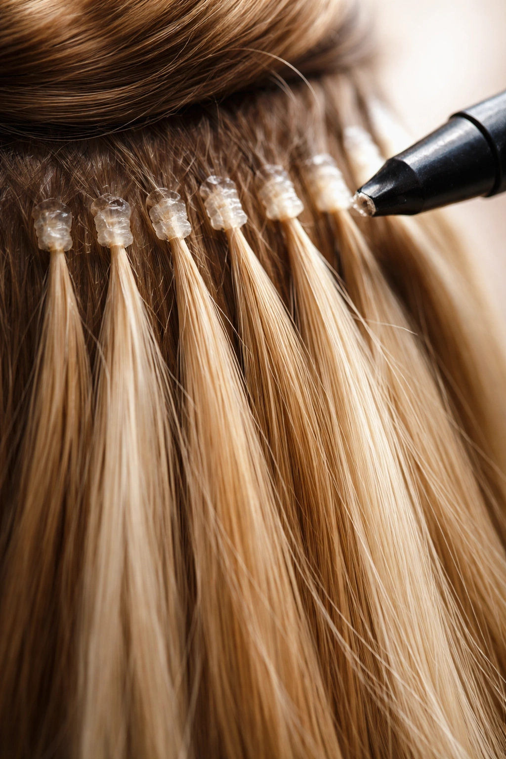 Close-up of keratin bonds attaching hair strands in fusion extensions