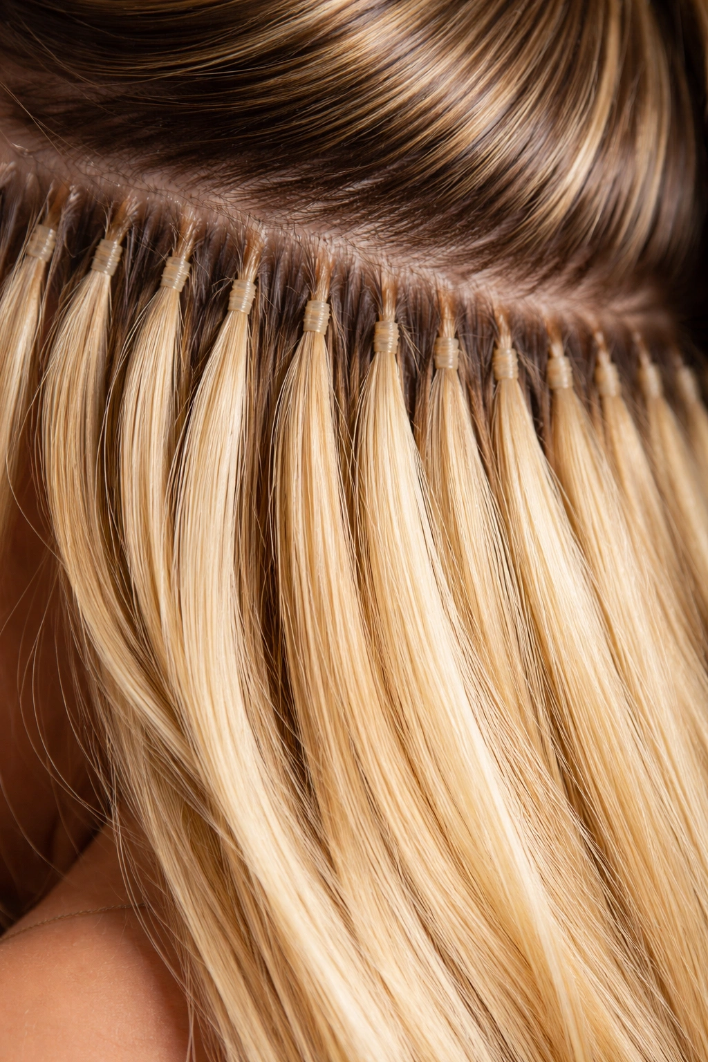 Macro close-up of keratin fusion bonds attached to hair along the scalp