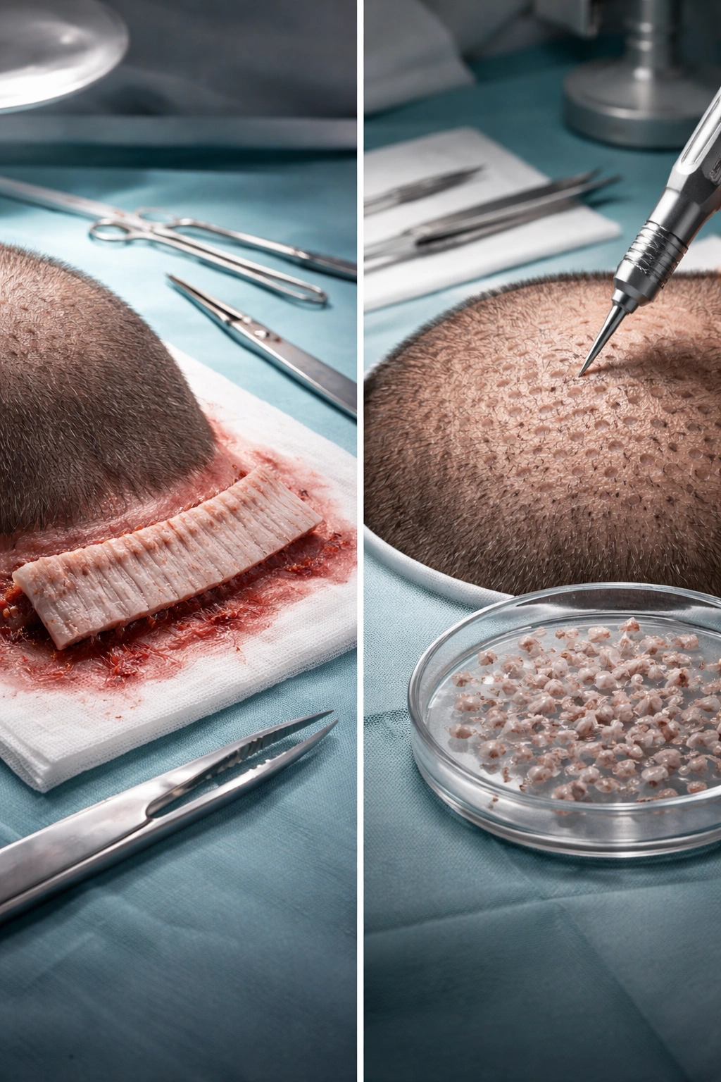 Split-view of FUT strip and FUE graft harvesting on a surgical surface