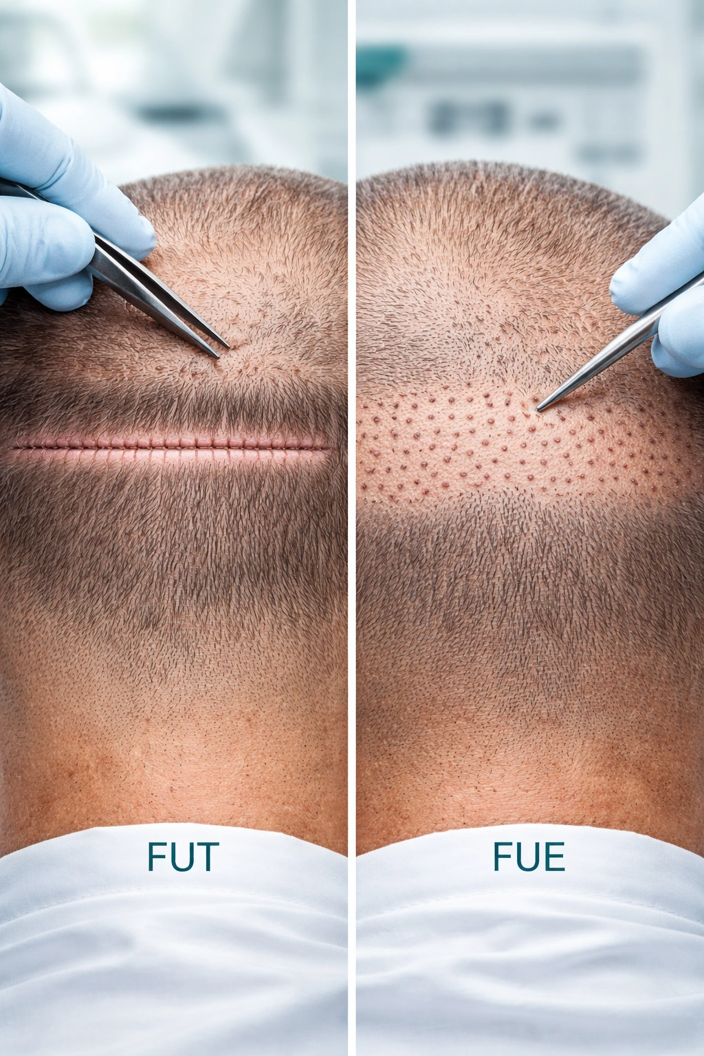 Close-up scalp showing FUT donor strip and FUE scars in clinical setting