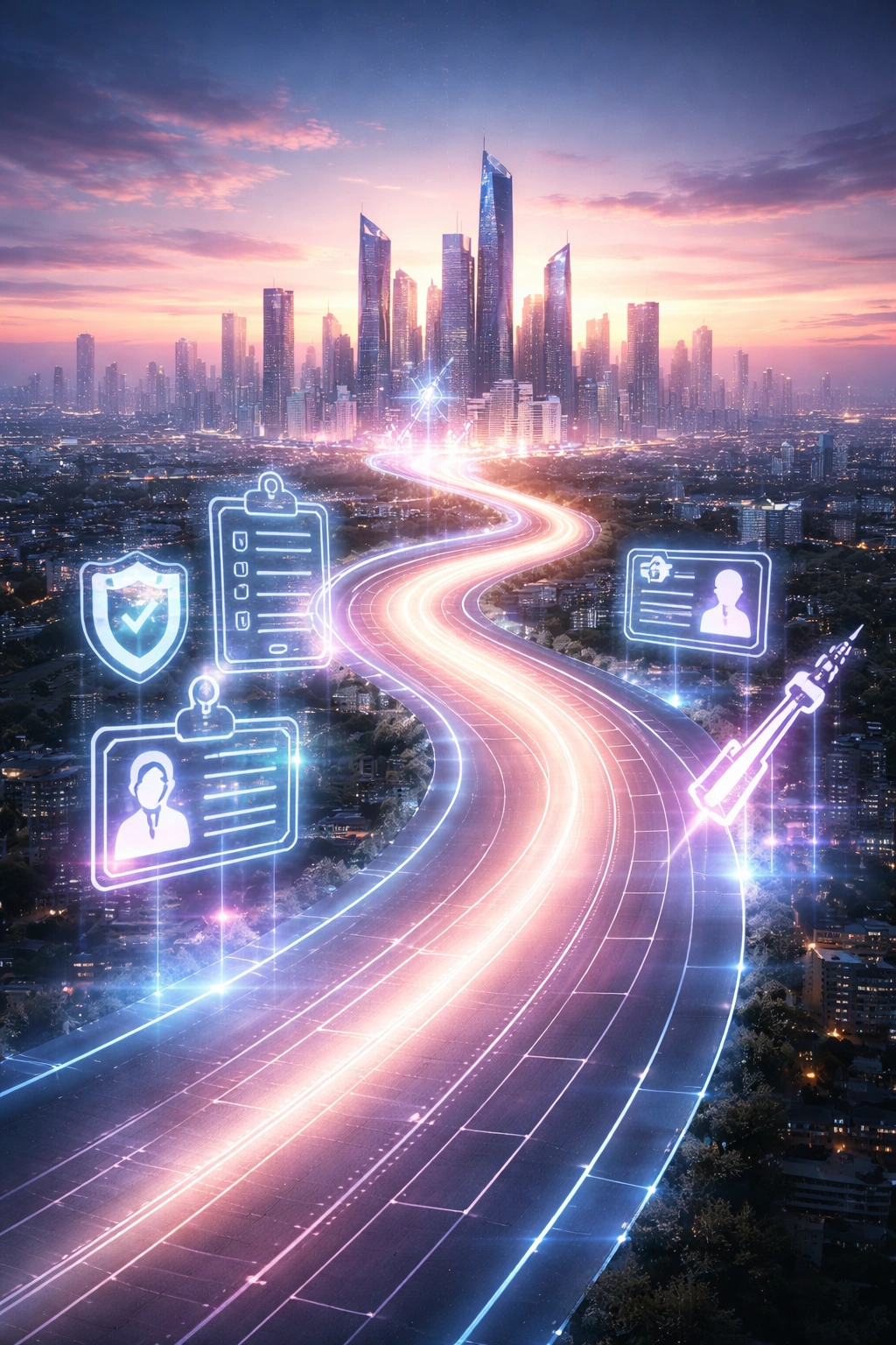 Futuristic cityscape with a glowing pathway symbolizing evolving regulation