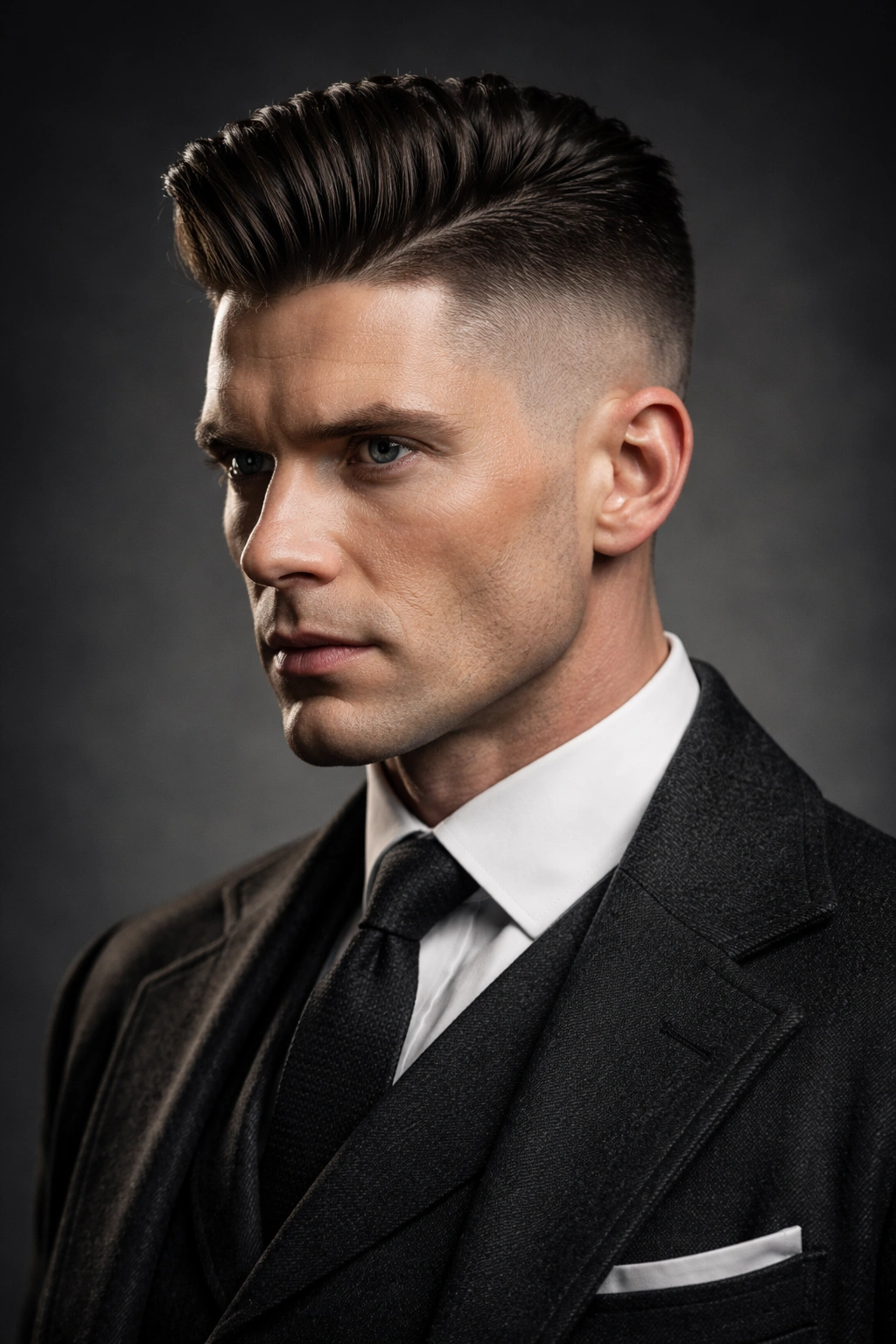 Man with a Peaky Blinders gangster haircut featuring sharp fade and voluminous top