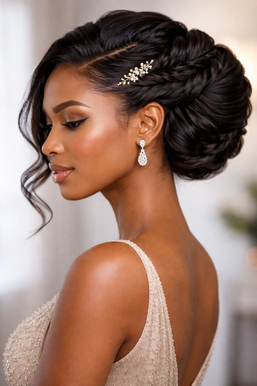Gathered twist updo with side accent hairstyle on a model.