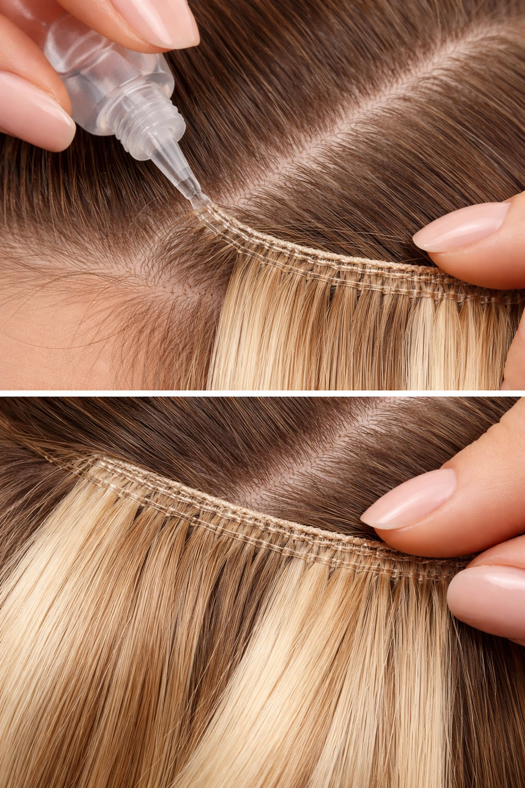 Thin layer of gel applied to weft root edge before securing extension