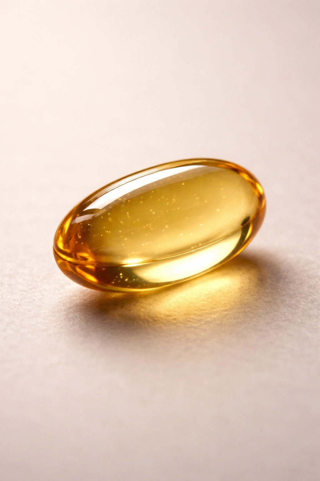 Single clear soft gel capsule on plain background