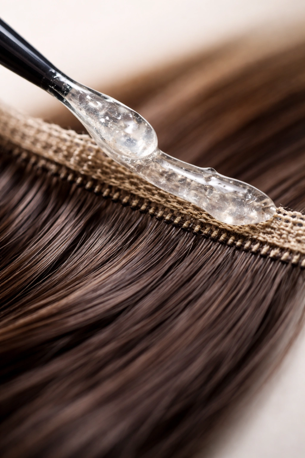 Hair extension weft with gel along root edge showing consistency