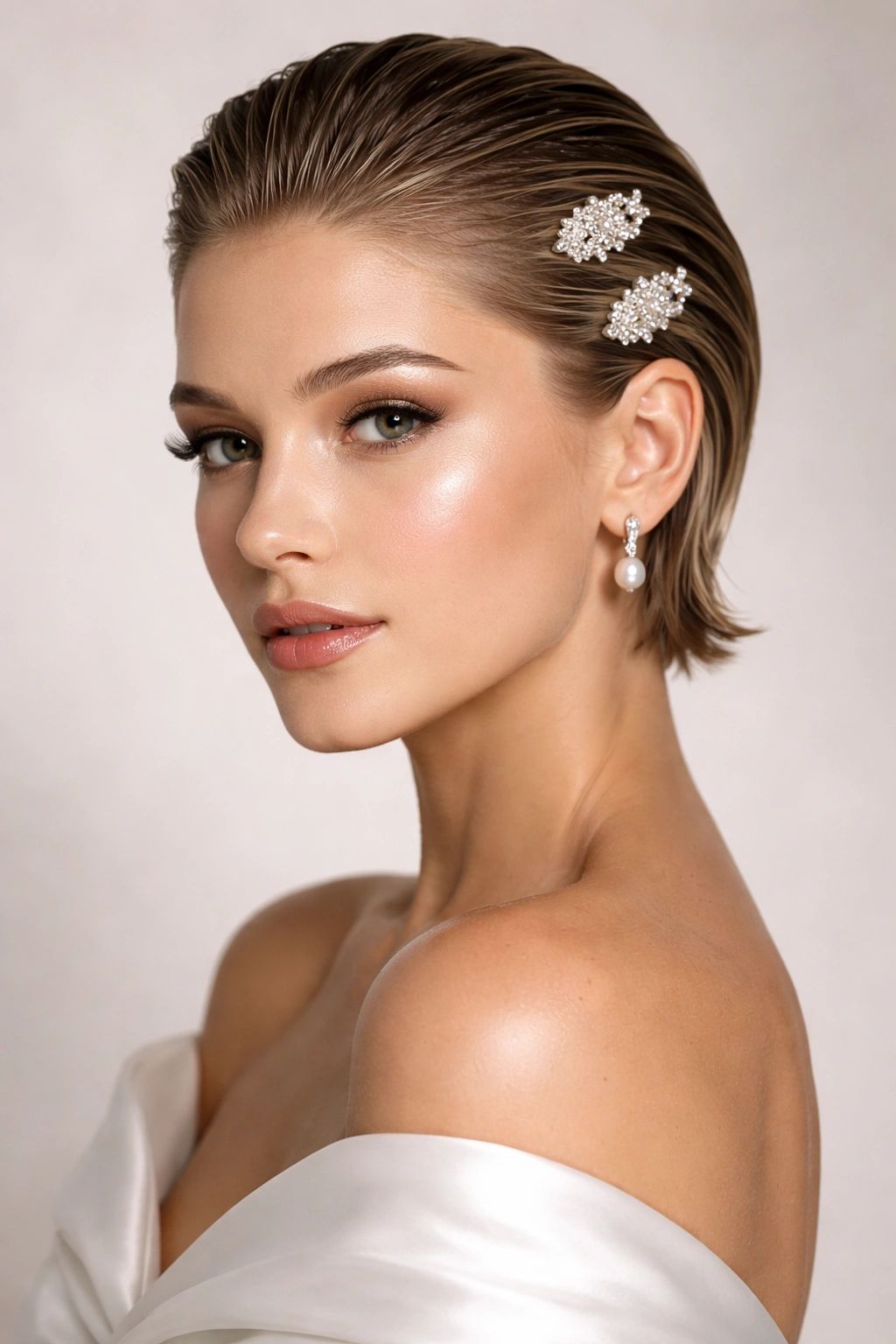 Slicked-back gel hairstyle with jeweled clips