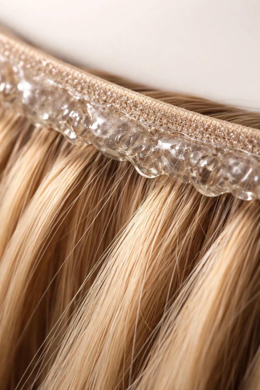 Close-up of a gel-coated hair extension weft showing a flexible bond on hair fibers