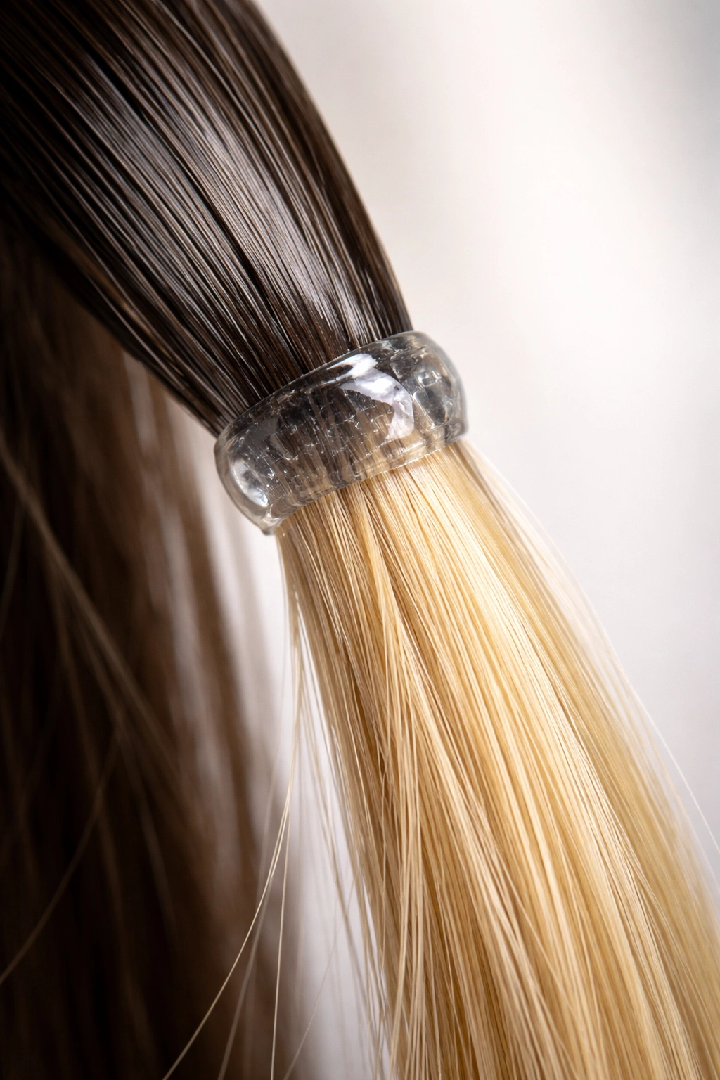Close-up of a gel-based extension bond with a glossy gel layer around the bond