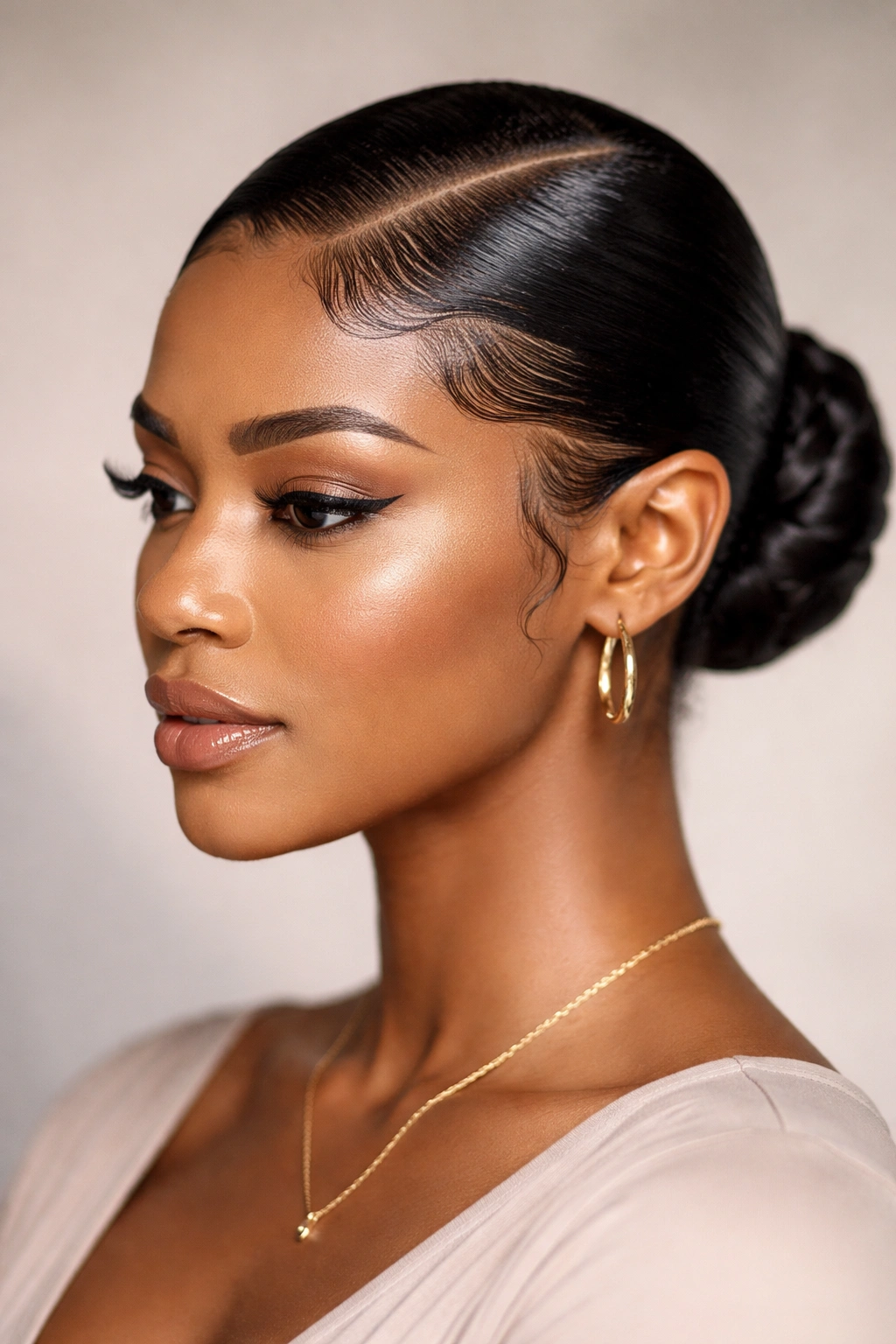 Close-up portrait of a person with sleek, gel-defined hair and polished edges against a neutral studio backdrop