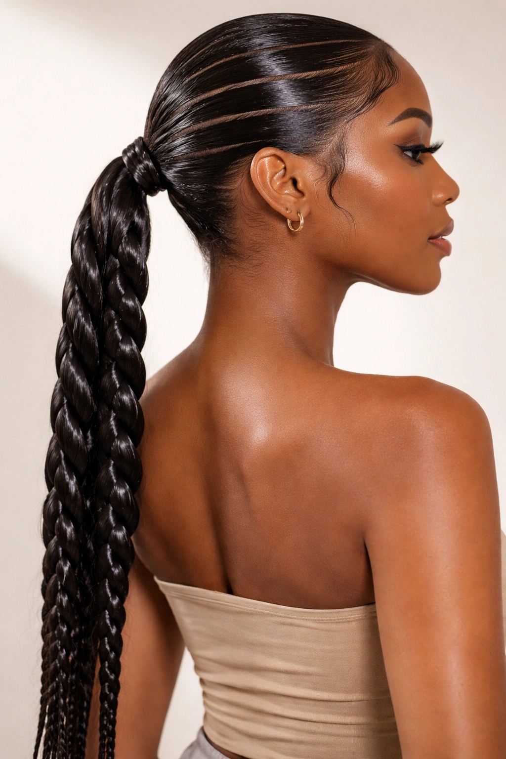 Low braided ponytail with gel-defined lines and edges