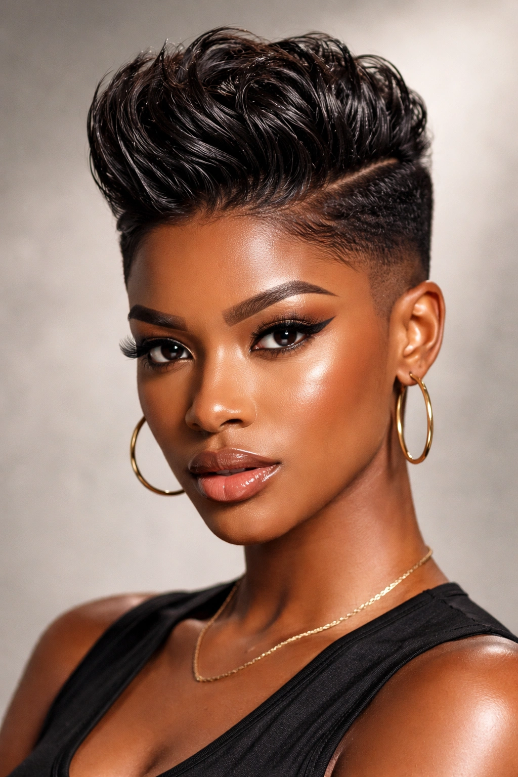 Front view of a gel-slicked textured quiff with faded sides