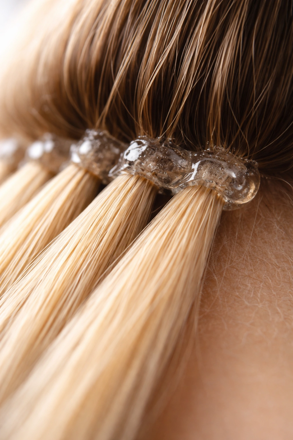 Close-up of hair root with gel at bond area on scalp
