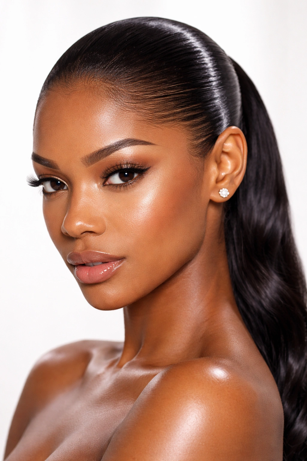 Close-up of a Black woman with a gel-smooth pushback and high shine