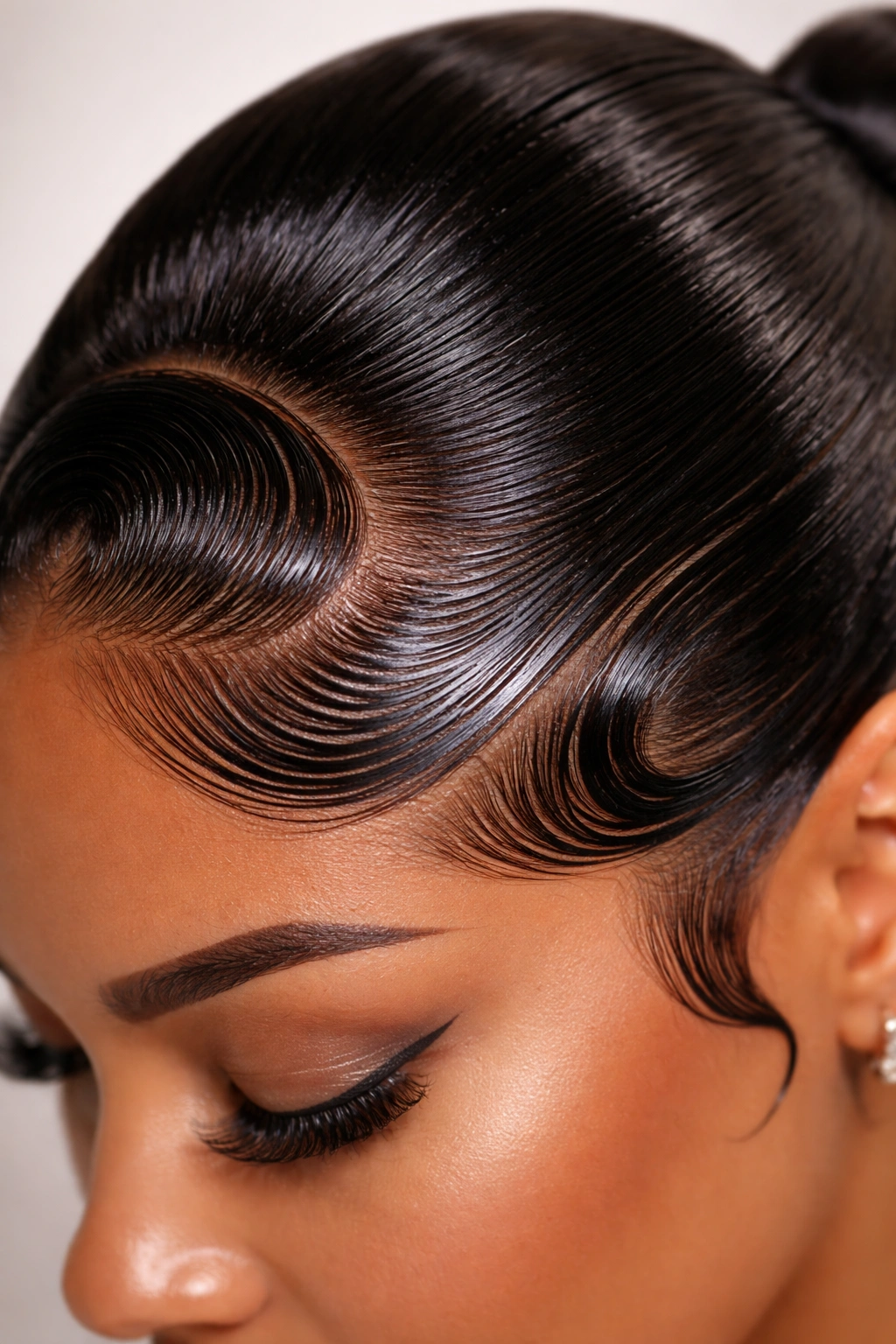 Close-up of gel-sculpted wave pattern on hairline