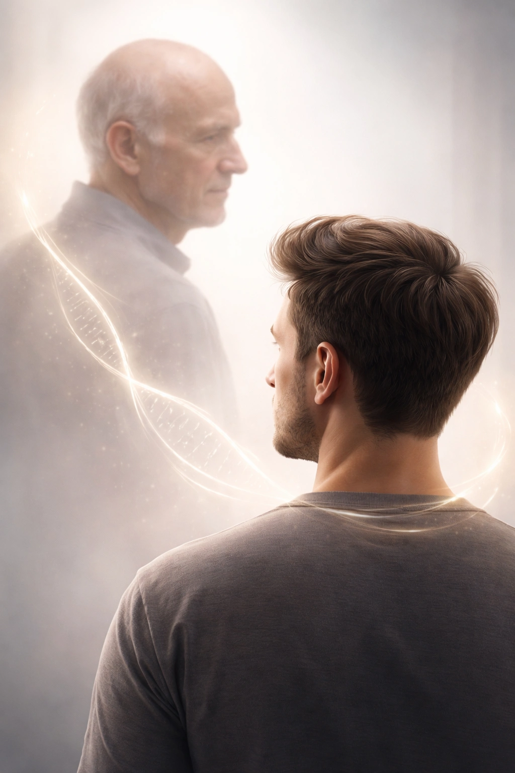 Generational silhouettes connected by a line illustrating hair loss skipping a generation