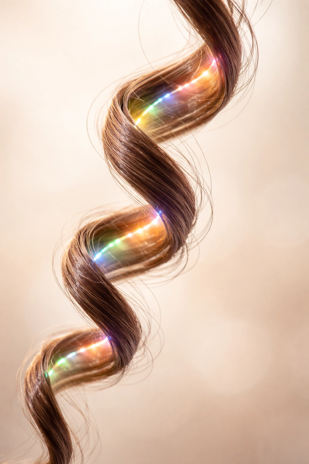 Curly hair strand showing subtle color bands representing genes