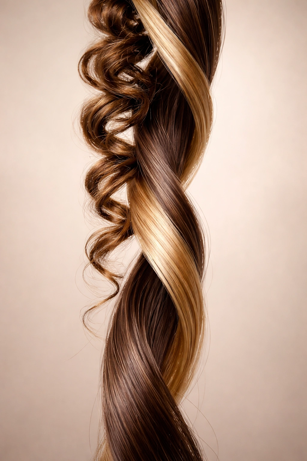 Pair of curly and straight hair strands intertwining to show genetic dominance