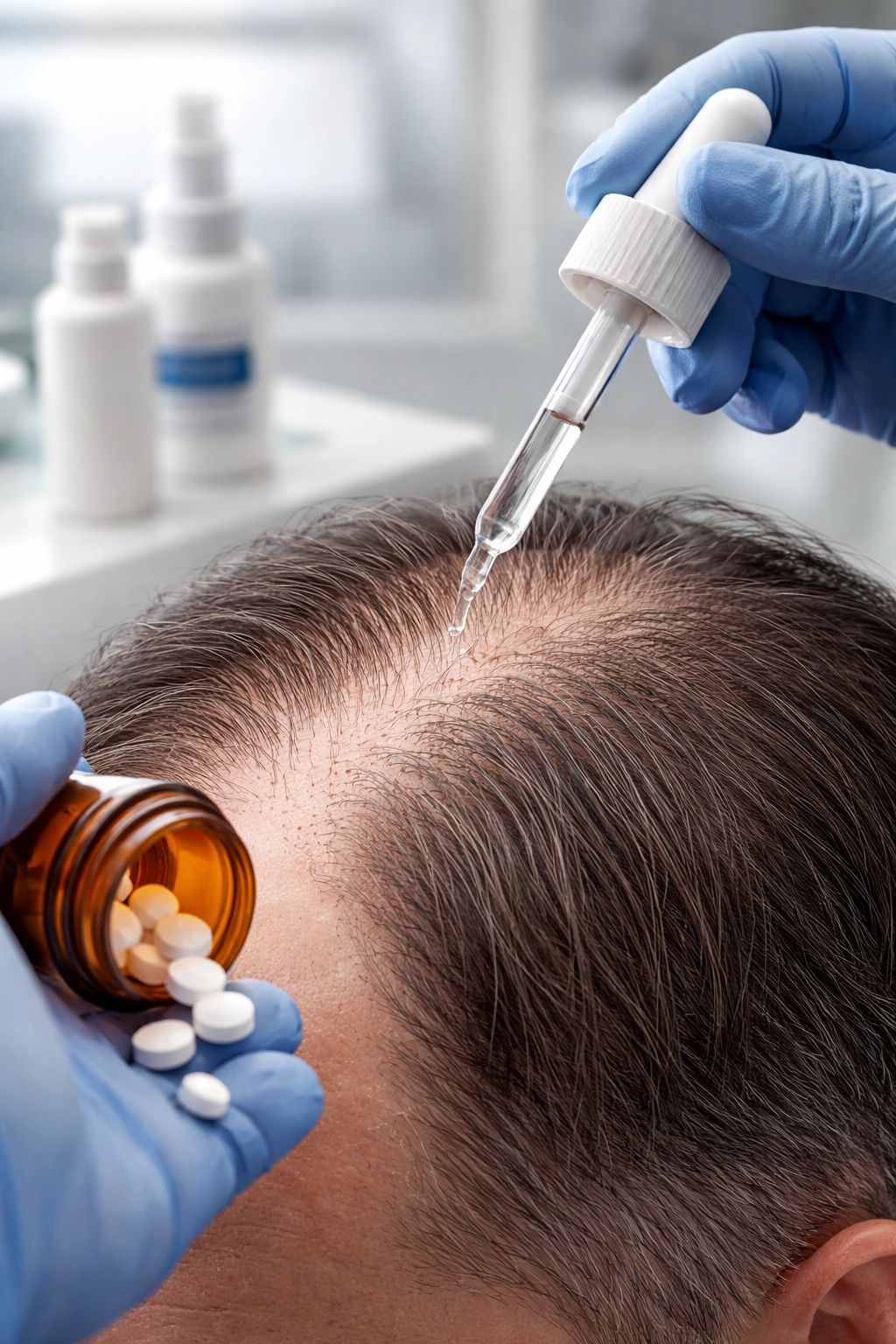 Close-up of scalp with thinning hair receiving topical treatment in a clinical setting