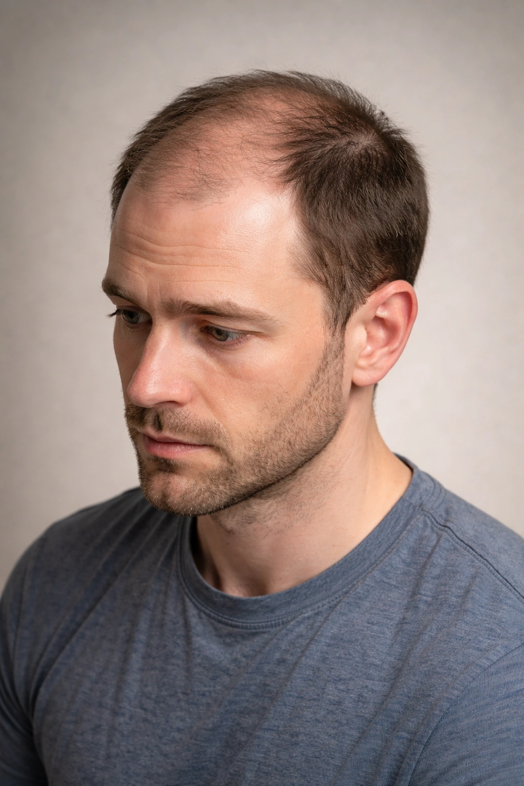 Portrait of a man with male pattern baldness showing receding temples and thinning crown