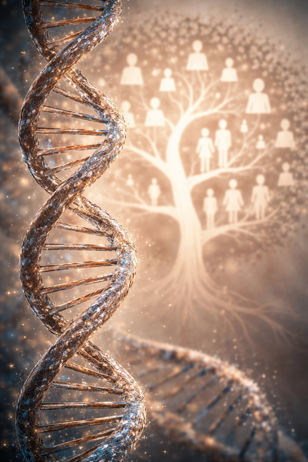 DNA double helix with a subtle family tree silhouette in the background