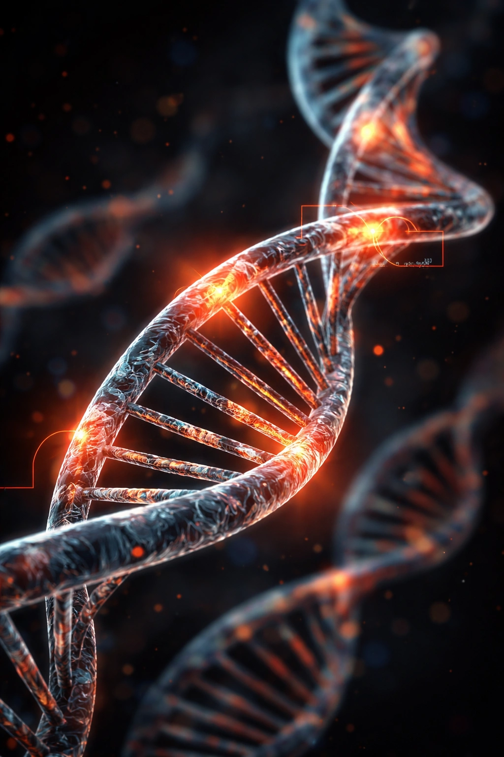 Stylized DNA double helix highlighting MC1R variants for red hair prediction