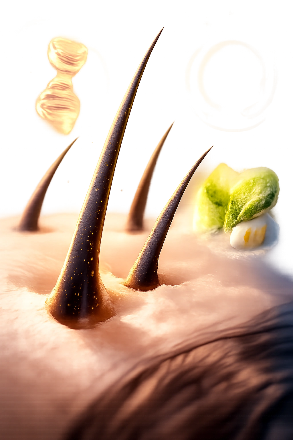Scalp with subtle icons representing genetics, aging, and nutrition near follicles