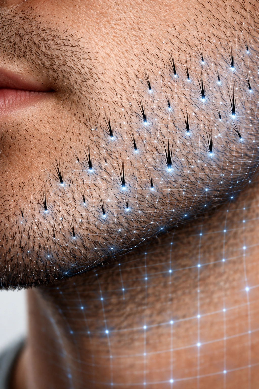 Face skin showing follicles arranged in a grid reminiscent of a blueprint