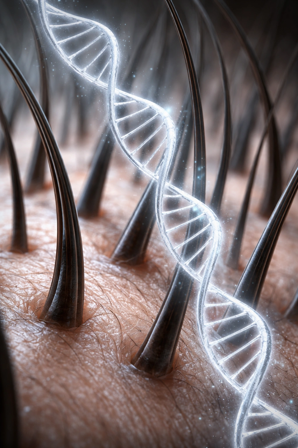 Close-up of scalp hair follicles with DNA helix showing genetic basis of hair loss