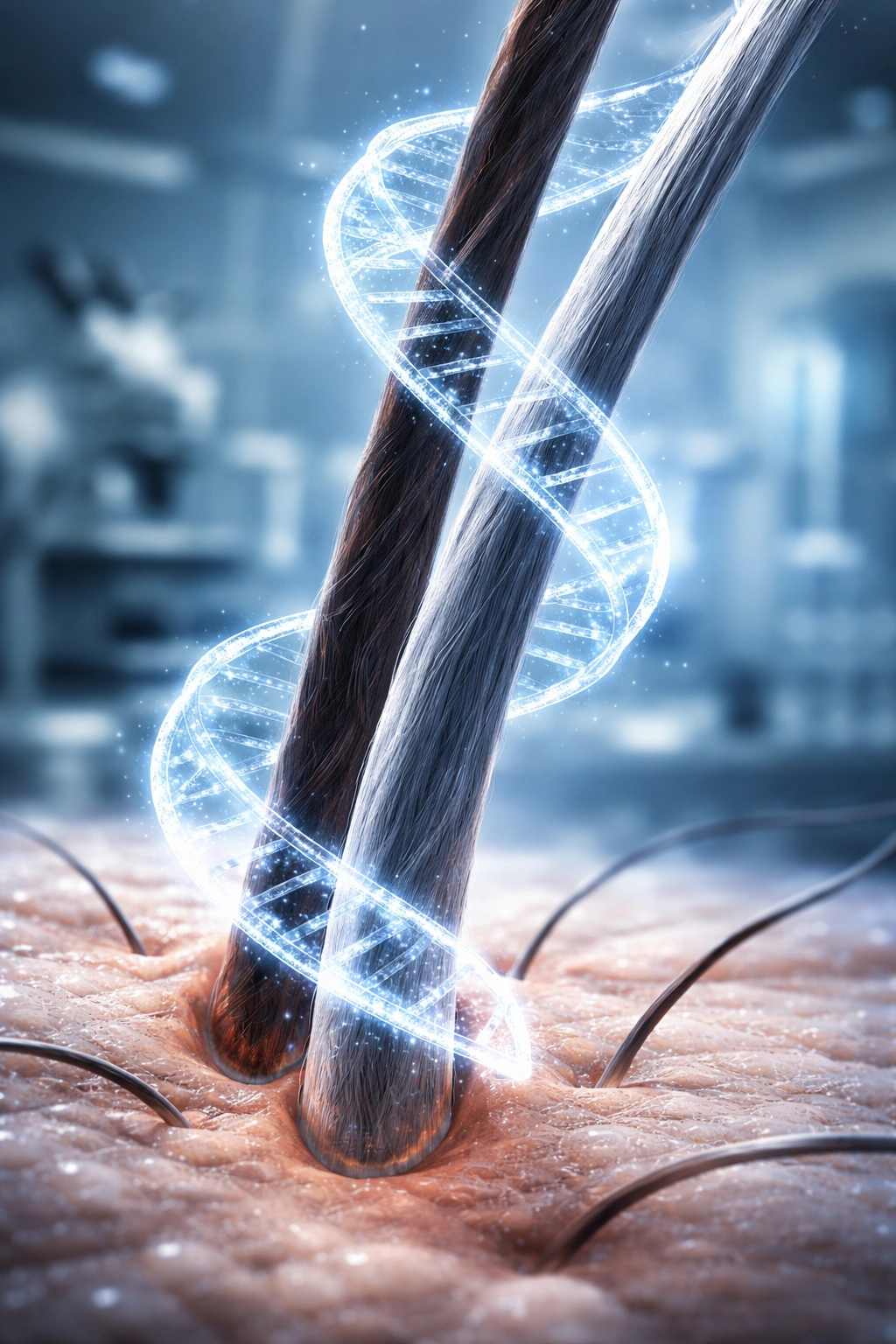 Hair follicle with a DNA double helix visualization around it