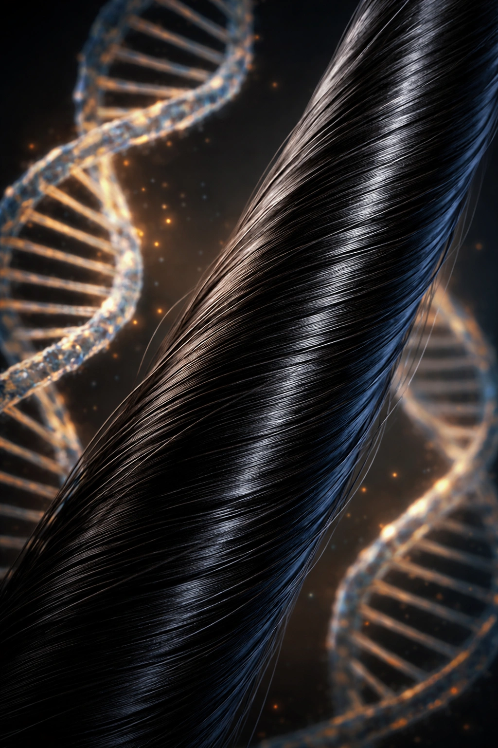 Hair strand with DNA backdrop representing genetics of hair color