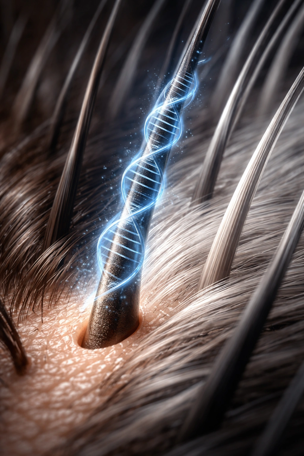 Scalp close-up showing gray hair transition with faint DNA motif indicating genetics