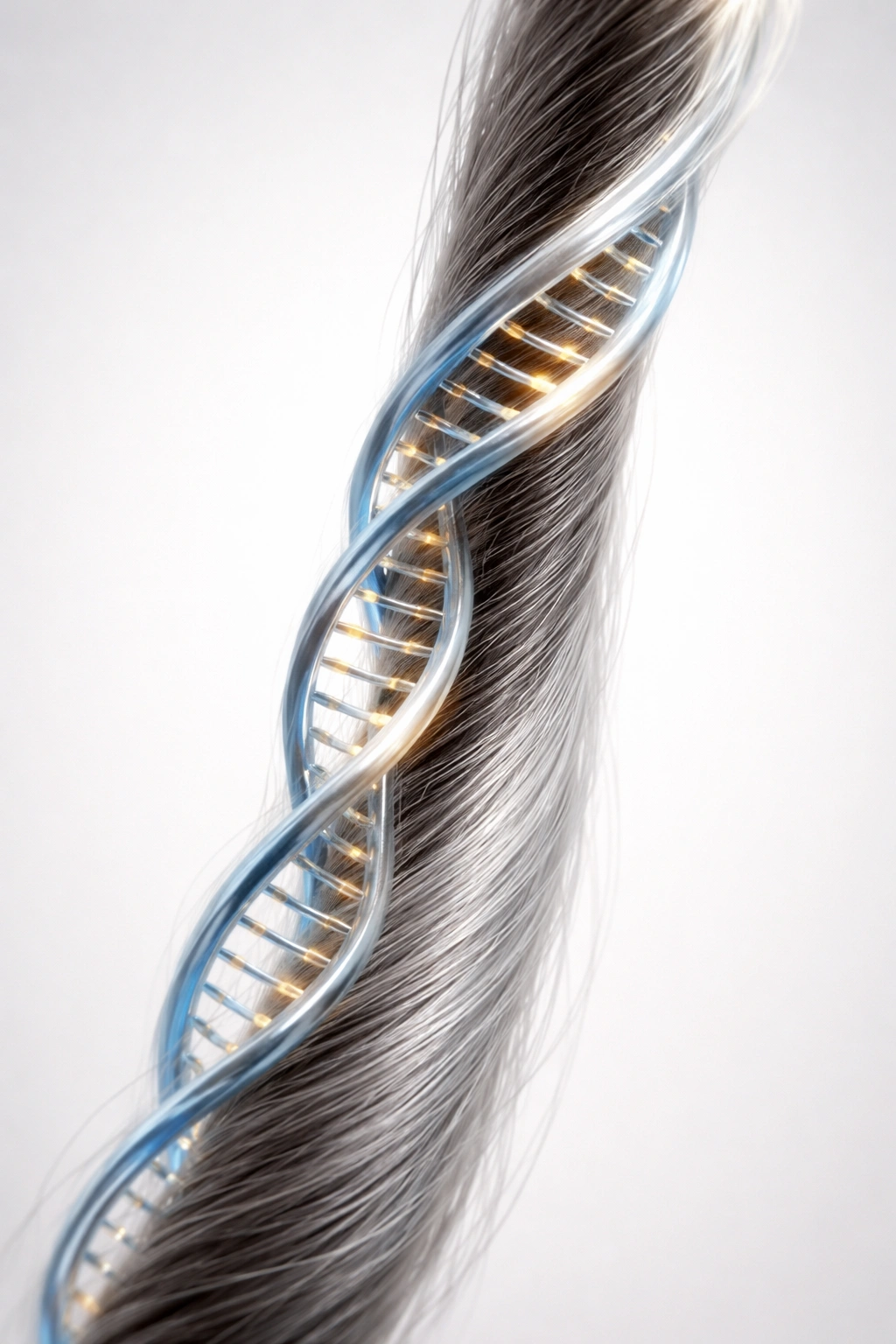 Hair strand with a faint DNA double-helix motif illustrating genetics