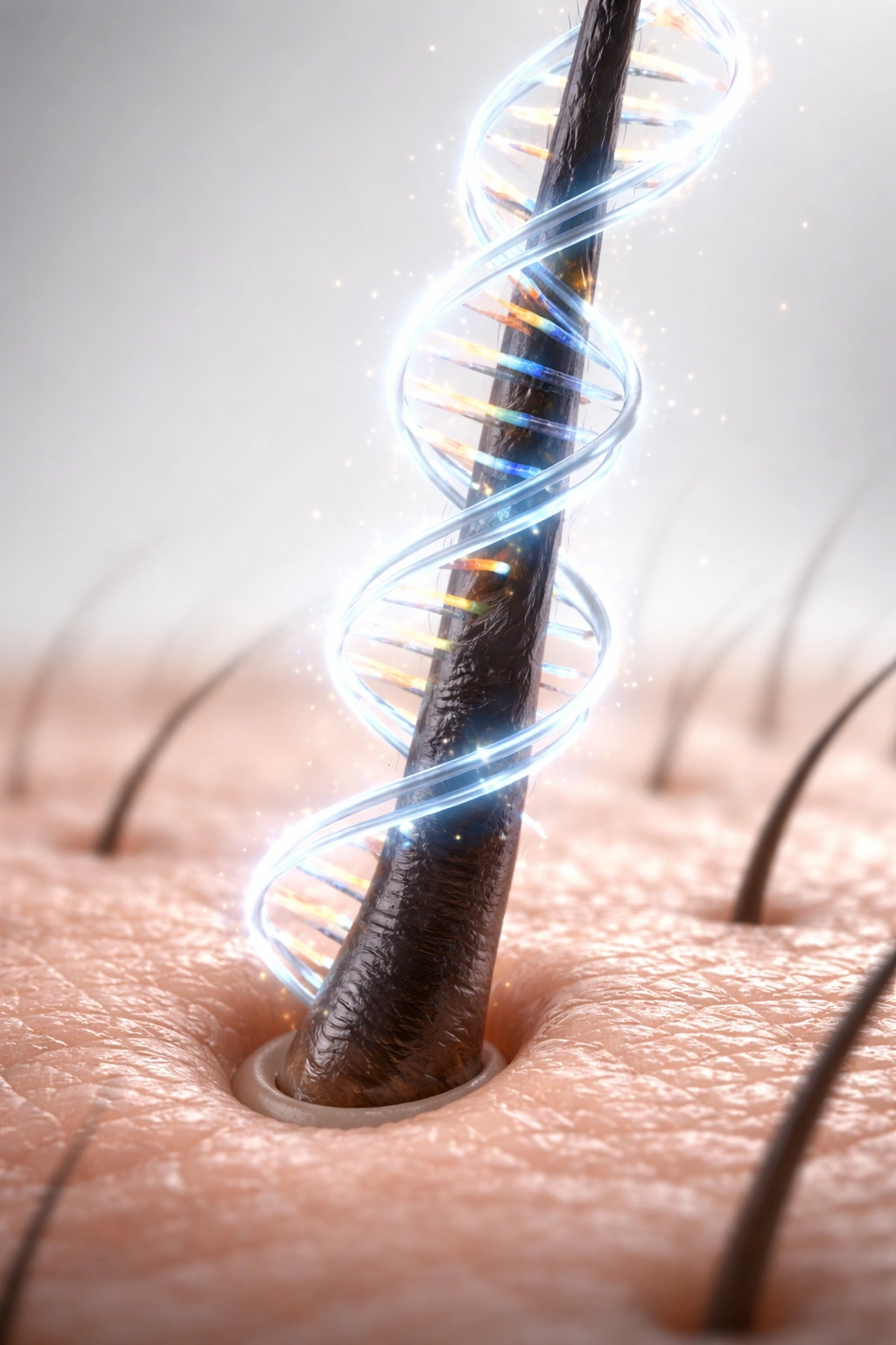 Close-up of a hair follicle with a DNA helix around it, illustrating genetic growth timeline