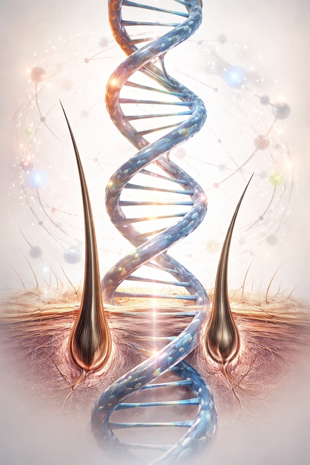 DNA double helix near hair follicles illustrating genetic predisposition to hair loss
