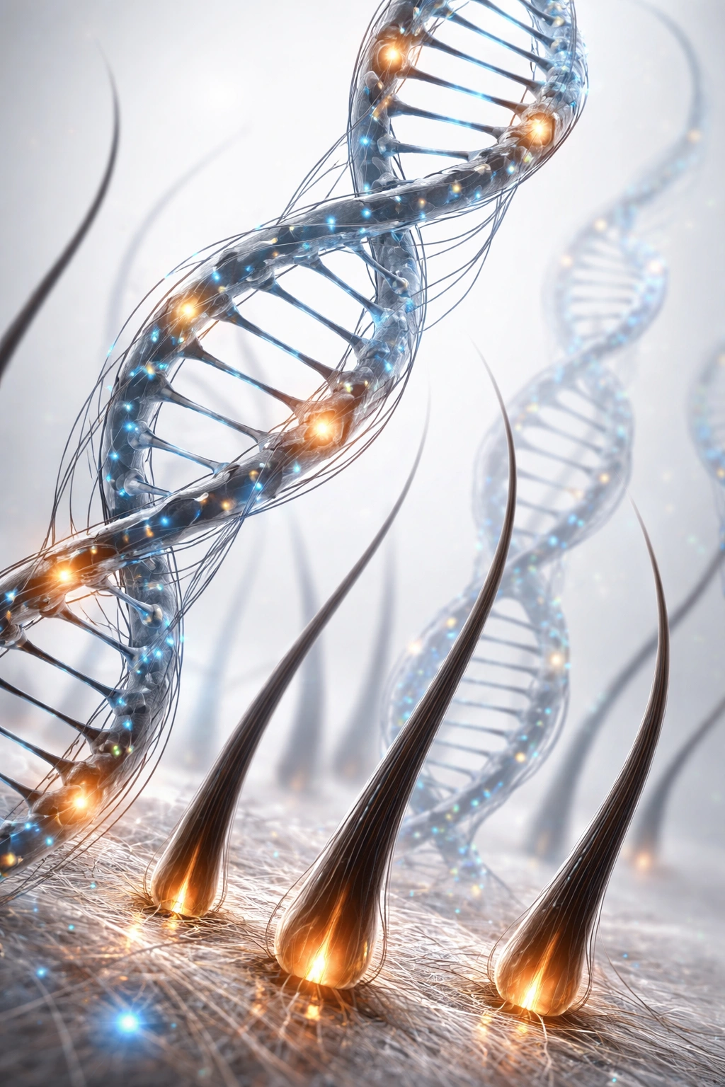 Abstract DNA strands representing genetics of hair loss on a neutral gray background