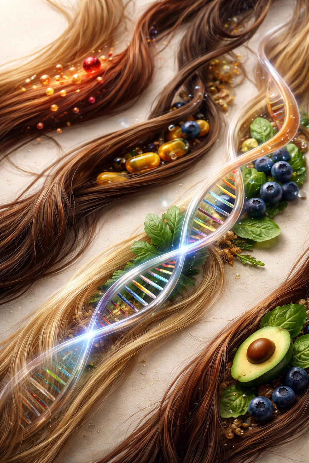 Abstract color-varied hair strands representing genetic and health factors
