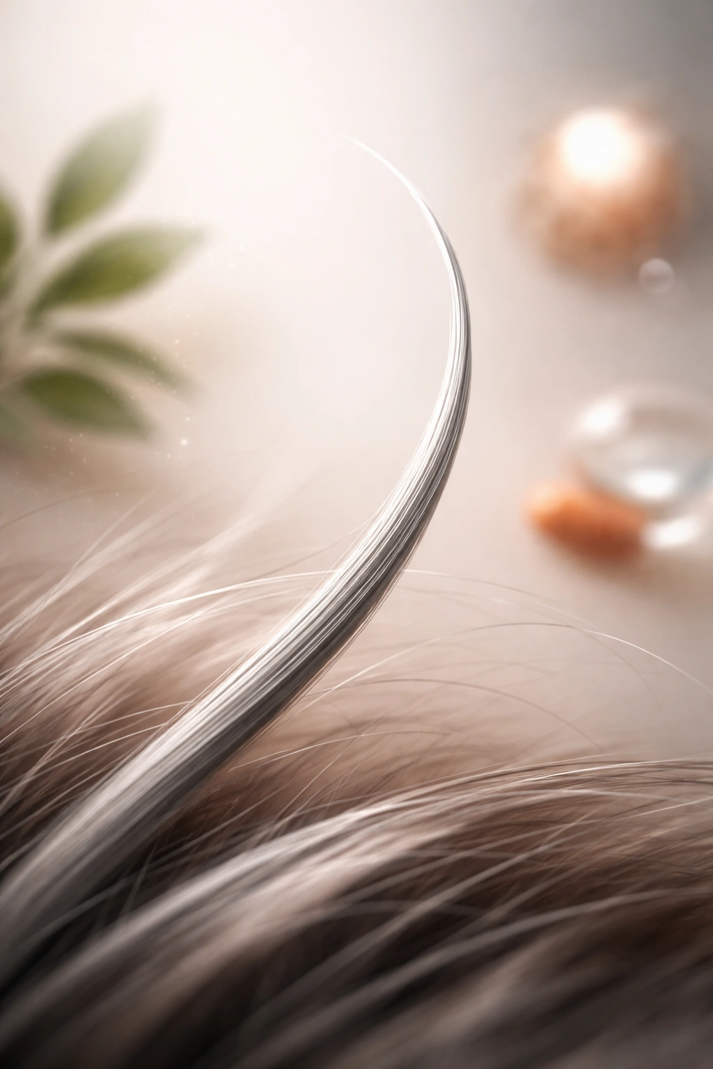Abstract close-up of a single grey hair with soft highlights
