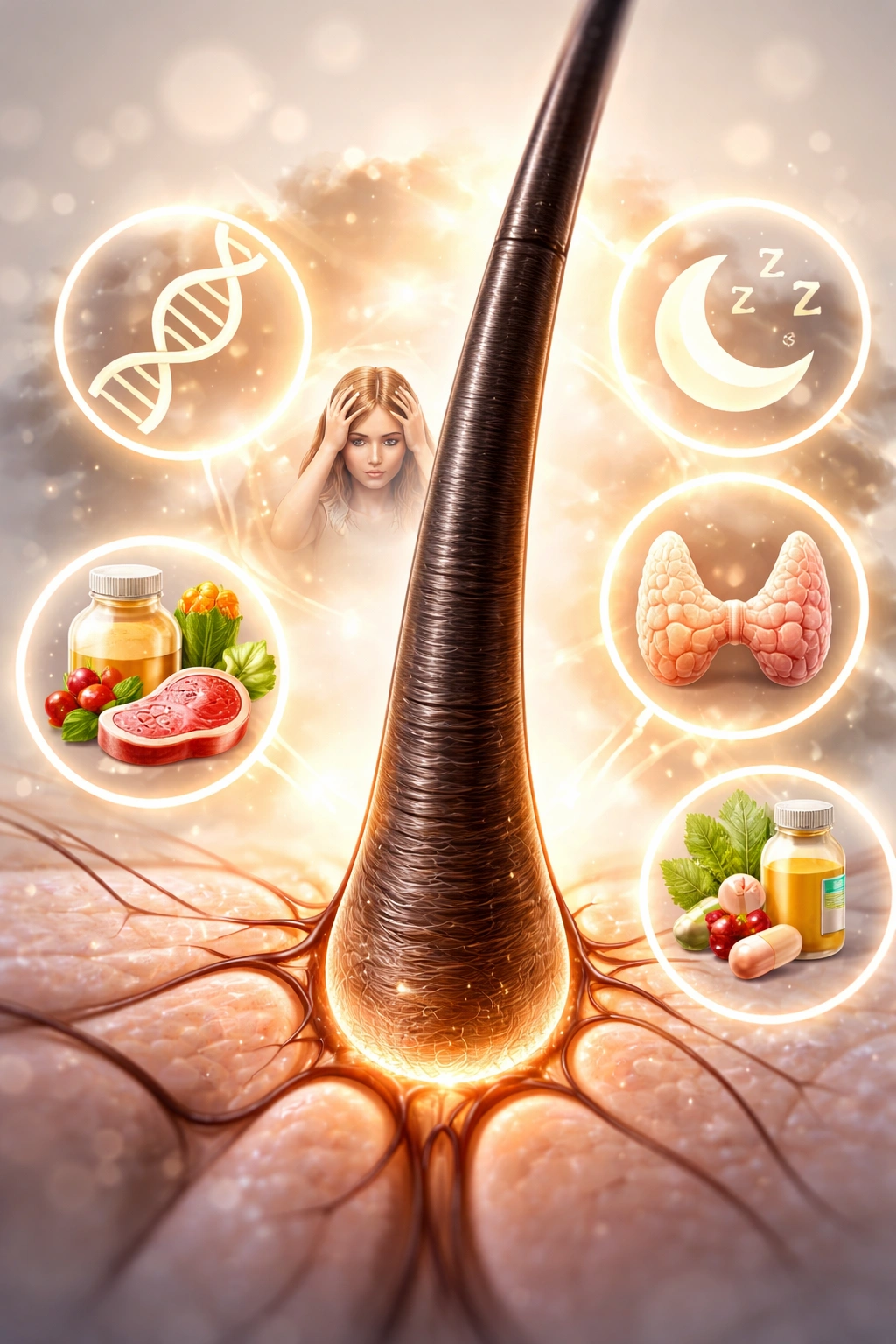 Hair follicle with abstract shapes representing multiple contributing factors