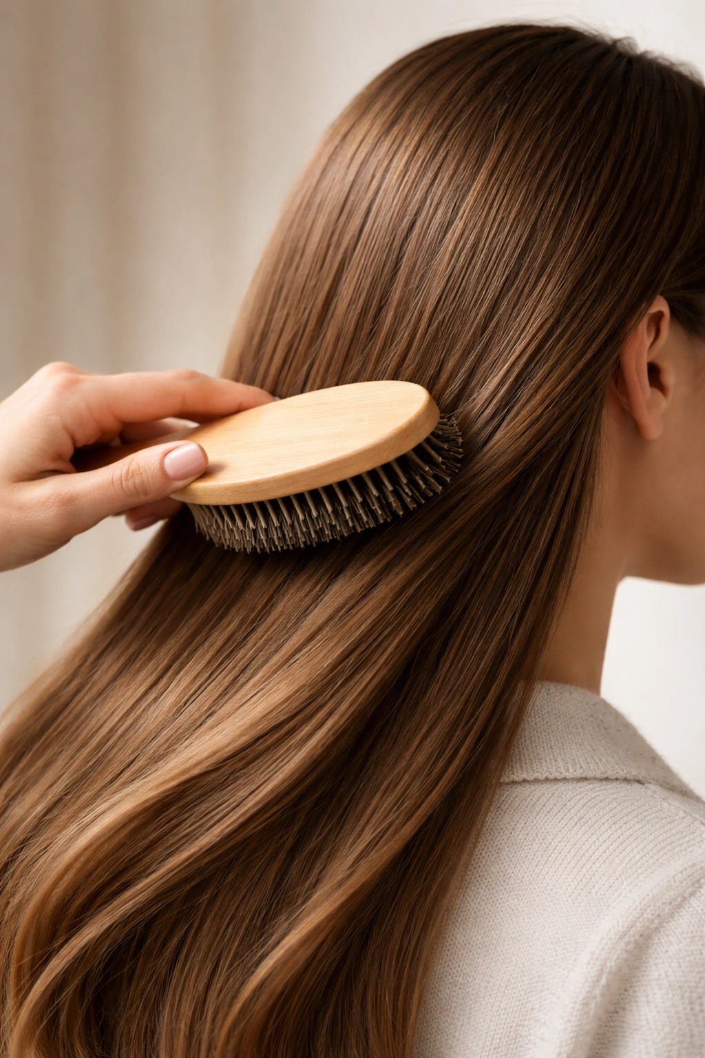 Hands gently brushing hair on a model in a calm studio