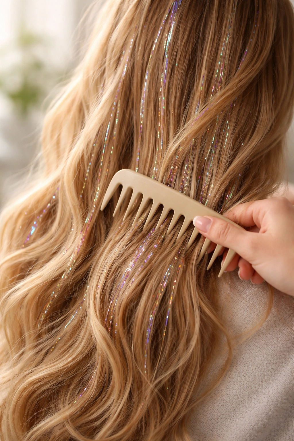 Hand combing hair with tinsel using a wide-tooth comb for gentle detangling