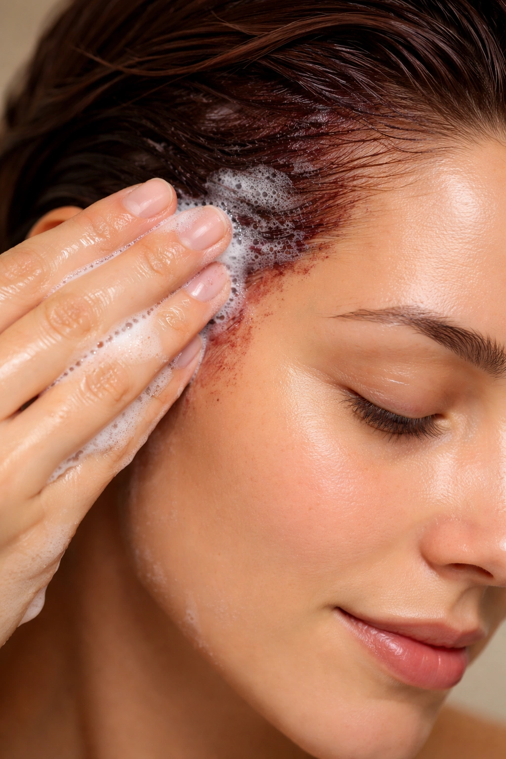 Gentle cleansing of hair dye stain on skin with soap