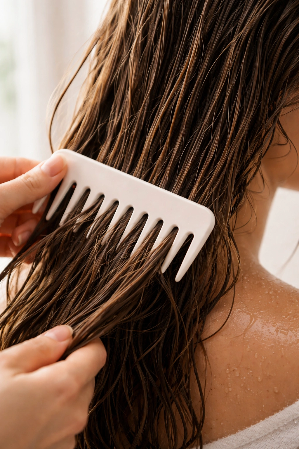 Hand detangling damp hair with a wide-tooth comb, close-up