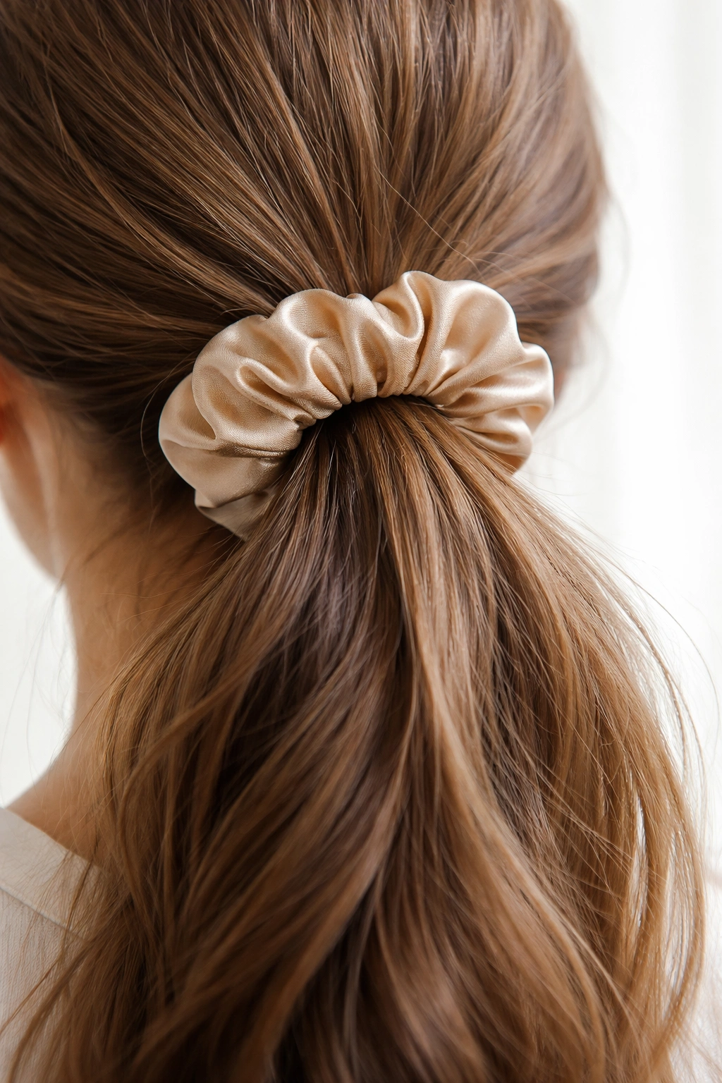 Close-up of satin scrunchie around hair to prevent breakage