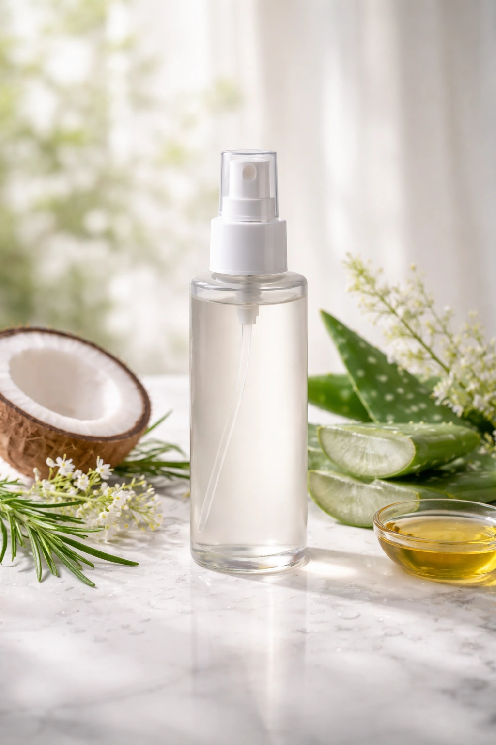 Single bottle of gentle, label-free hairspray on a clean surface
