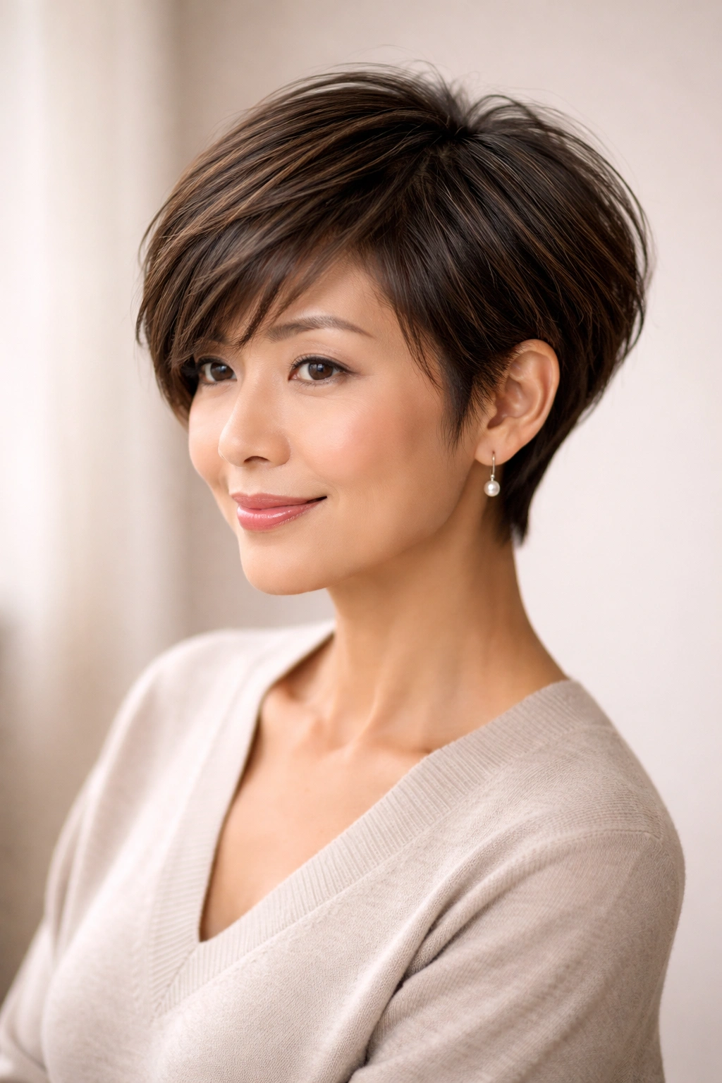 Front and side view of a gentle pixie bob hairstyle with textured crown.