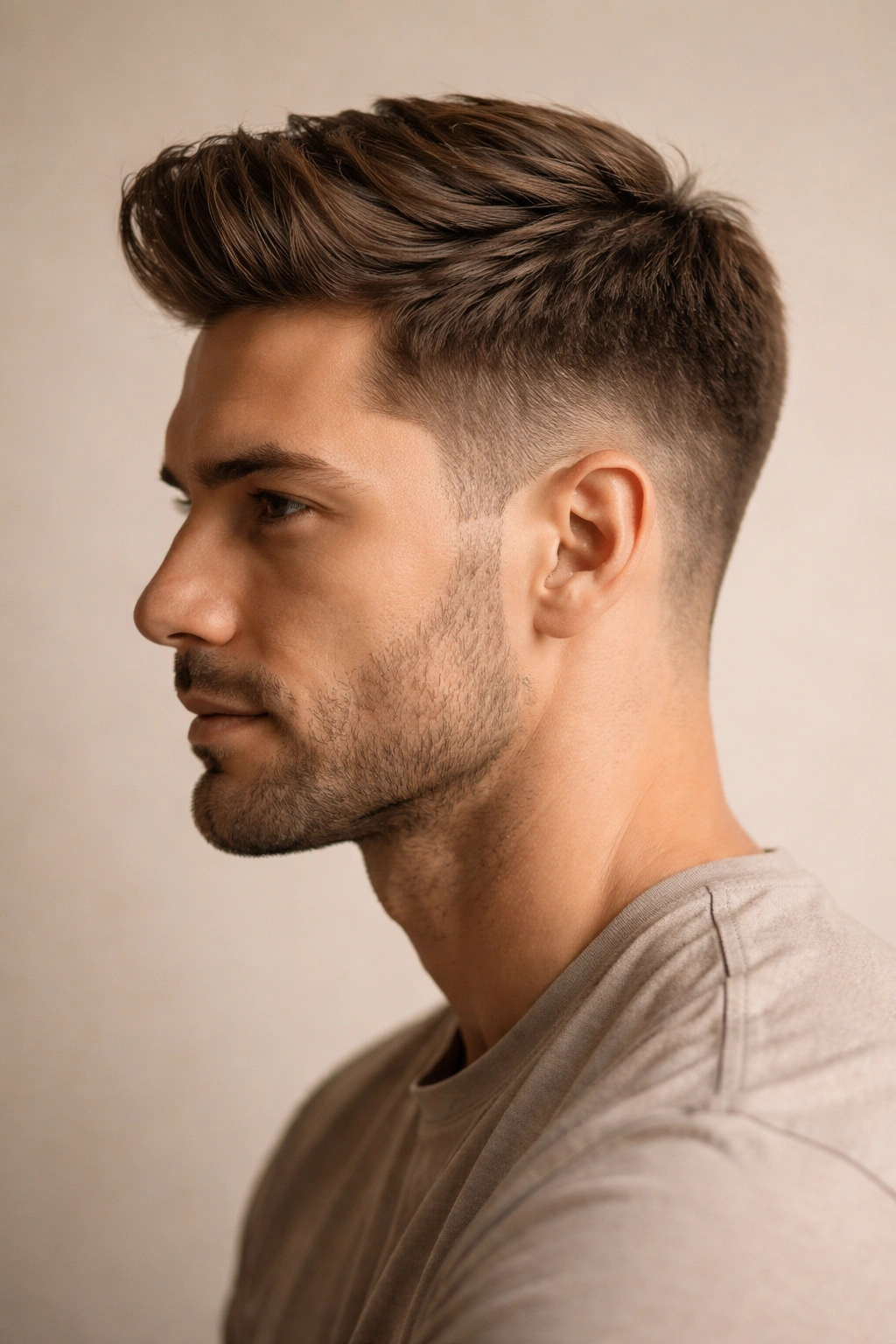 Side profile of a man with The Gentleman's Cut: longer top and subtle taper.
