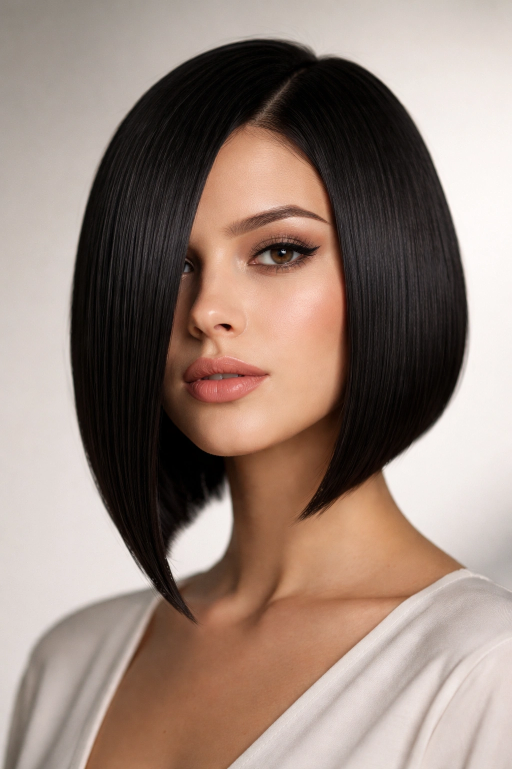 15 Angled Bob Haircuts From Subtle To Dramatic 8 Frontal view of a sleek geometric angle bob with crisp blunt lines