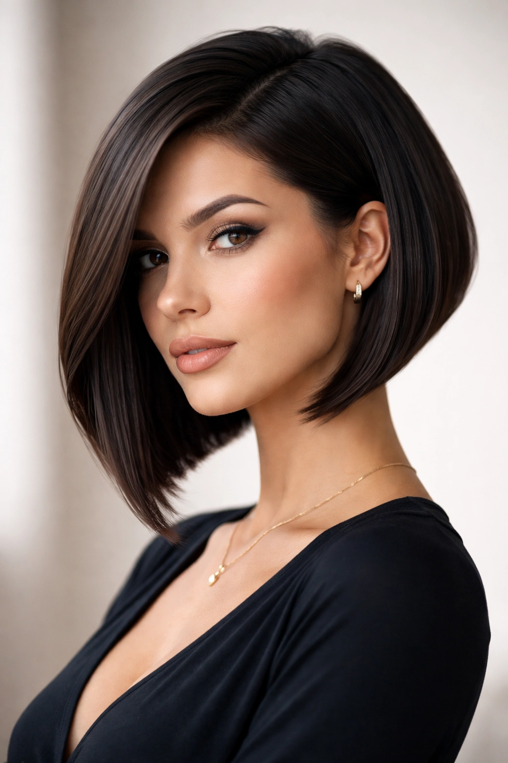 20 Shoulder Length Haircuts For Every Hair Type 16 Head-and-shoulders portrait of a geometric angled bob with a sharp back and longer front.