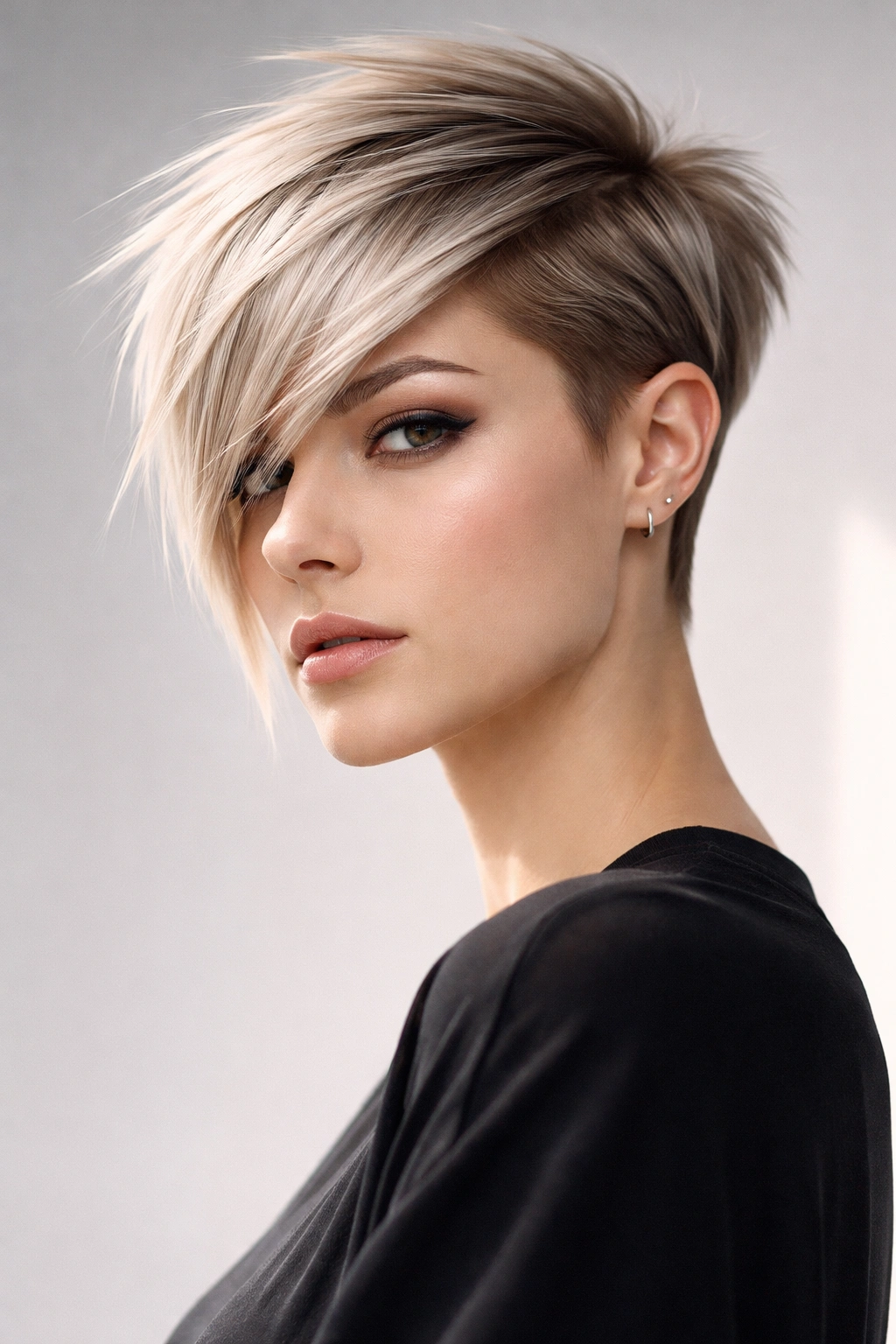 10 Edgy Short Haircuts That Work On Fine Hair 6 Head-and-shoulders portrait highlighting a geometric angular cut